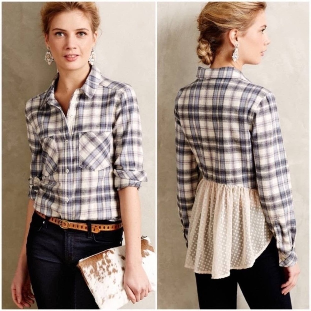 Anthropologie Blue and White Plaid Button-Down with Lace Peplum